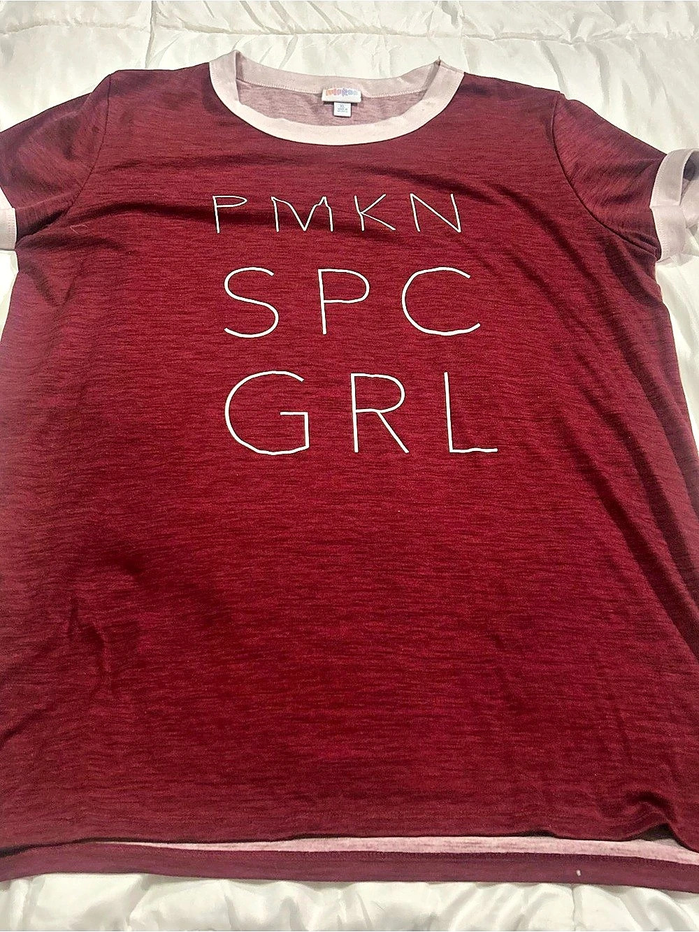 LuLaRoe Pumpkin Spice Girl Graphic Ringer Tee XL Burgundy Fall Shirt